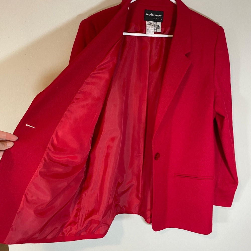 VTG Sag Harbor Petite Red Pure Wool Single Button Blazer Sz 16P Women's Holiday - Picture 6 of 7